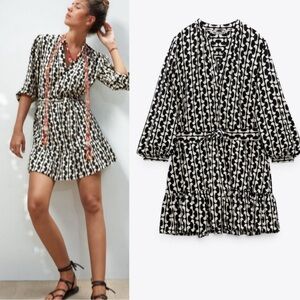 ZARA The Paula Printed Short Dress Black White Size XXL